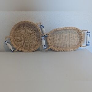 Woven Oval Baskets with Blue and White Handles